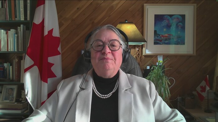 La ministre des Pêches et des Océans, Diane Lebouthillier, en visioconférence de son bureau rempli de drapeau du Canada.