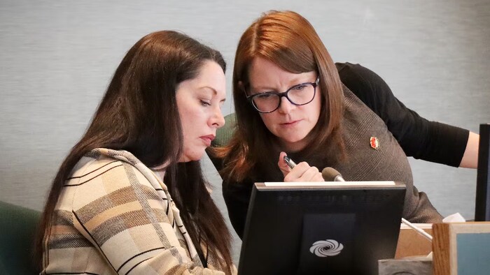 Christa Dicks et Amanda McDougall se penchent sur un ordinateur.