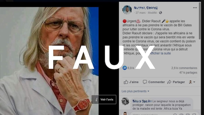 Une publication Facebook avec une photo de Didier Raoult et une fausse citation. Le mot FAUX est sur l’image.
