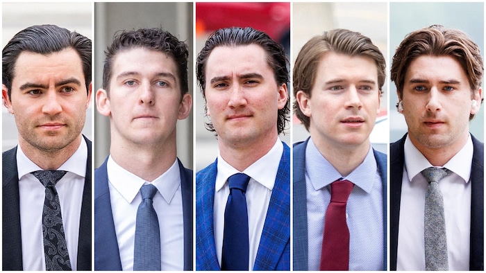 Dillon Dubé, Cal Foote, Alex Formenton, Carter Hart et Michael McLeod en complet
