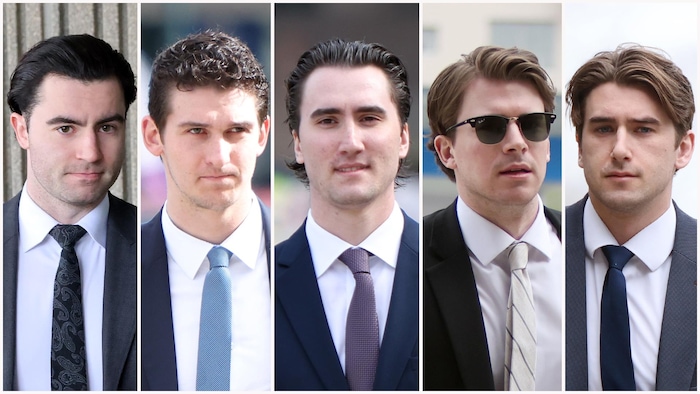 Dillon Dubé, Cal Foote, Alex Formenton, Carter Hart et Michael McLeod à leur entrée au palais de justice de London le 30 avril 2025