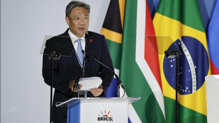 Le ministre chinois du Commerce, Wang Wentao, s'exprime lors du sommet 2023 des pays du BRICS.