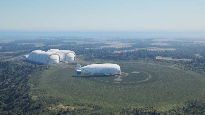 Une illustration qui montre un dirigeable qui flotte légèrement au sol et deux hangars.