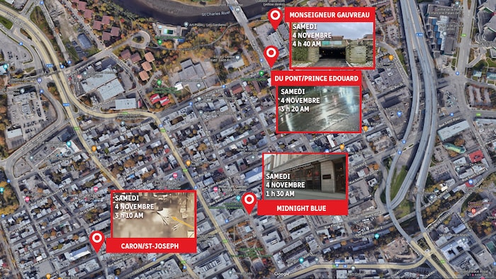 Une carte illustre les quatre endroits dans basse-ville de Québec.