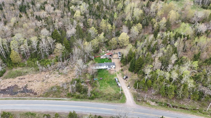 Une photo aérienne d'une maison entourée de conifères, près d'une route rurale à deux voies.