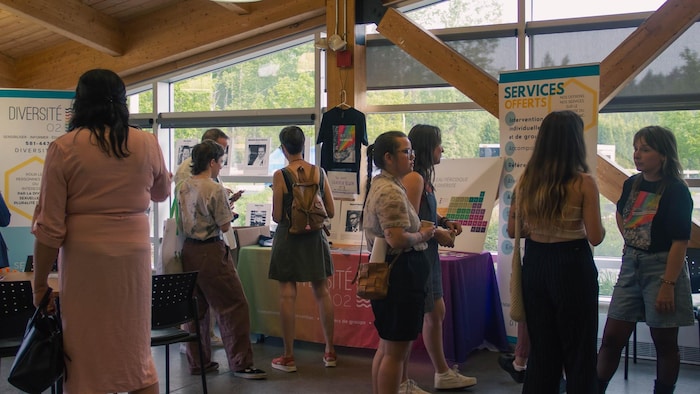 Plusieurs personnes circulent devant des stands d'information sur la diversité dans une salle lumineuse aux poutres de bois apparentes. Des bannières, des affiches biographiques et un t-shirt thématique sont exposés pour sensibiliser les visiteurs.
