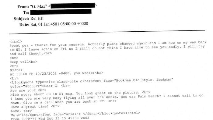 Un document publié par le département américain de la Justice détaillant un échange entre Ghislaine Maxwell et une certaine Melania, dont l'adresse courriel a été caviardée.