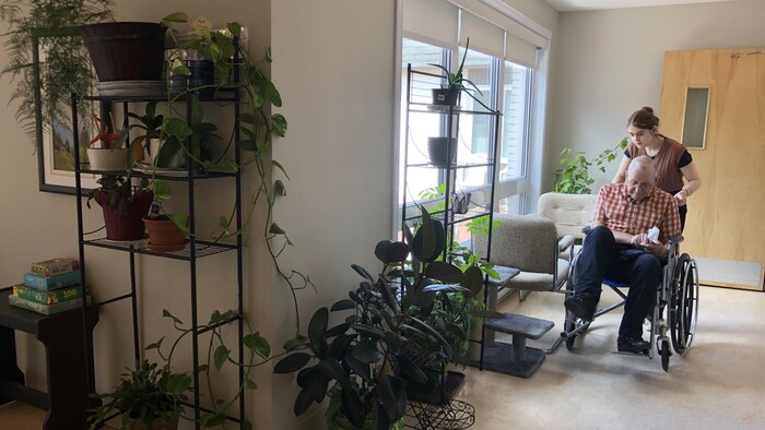Une personne en chaise roulante est poussée dans un corridor rempli de plantes.