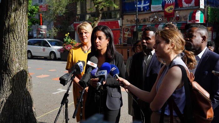 زعيمة الحزب الليبرالي دومينيك أنغلاد واقفة في الشارع ومحاطة بعدة صحفيين.