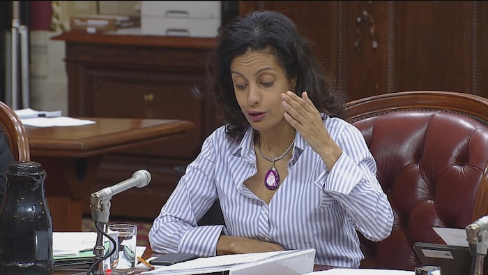Dominique Anglade parle lors d'une commission parlementaire