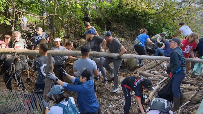 Des bénévoles transportent des branches près de la rivière Don à Toronto, le 8 septembre 2026.