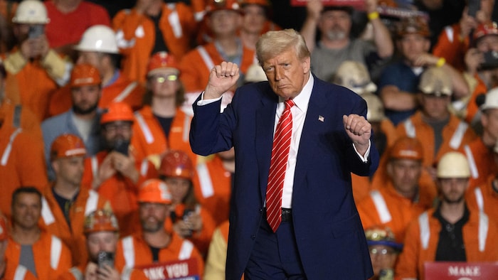 Donald Trump fait sa danse emblématique, les poings levés sur scène, devant des travailleurs d'une aciérie à Pittsburgh, en Pennsylvanie, le 30 mai 2025.