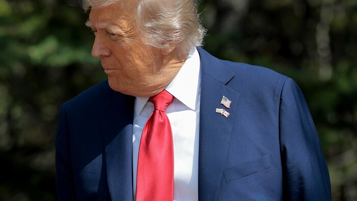 Le président américain Donald Trump arborant une épinglette combinant les drapeaux des États-Unis et du Canada.