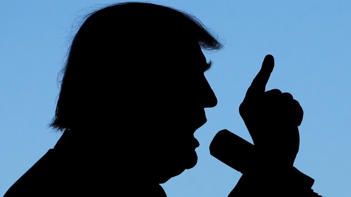Silhouette de Donald Trump qui parle dans un micro, l'index pointé vers le haut.