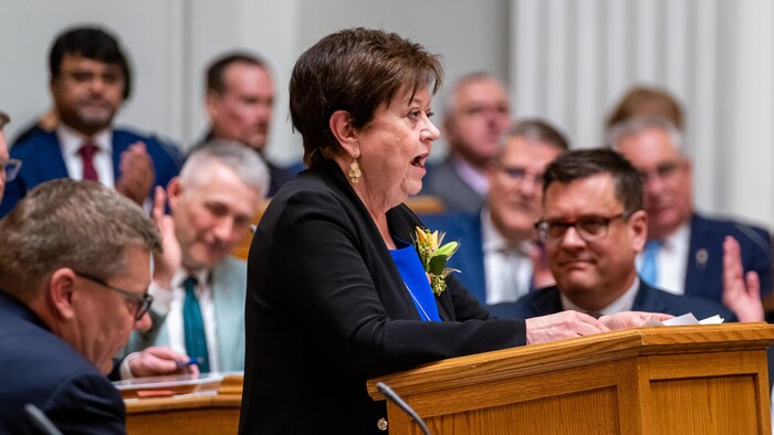 Saskatchewan Finance Minister Donna Harpauer presents the budget inside the provincial legislature in Regina on Wednesday. The government claims the province is the most affordable place to live in Canada. (Heywood Yu/The Canadian Press)
