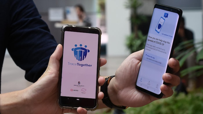 Plan serré de deux mains d personnes différentes qui tiennent chacune un téléphone mobile avec la même application ouverte sur différentes pages.