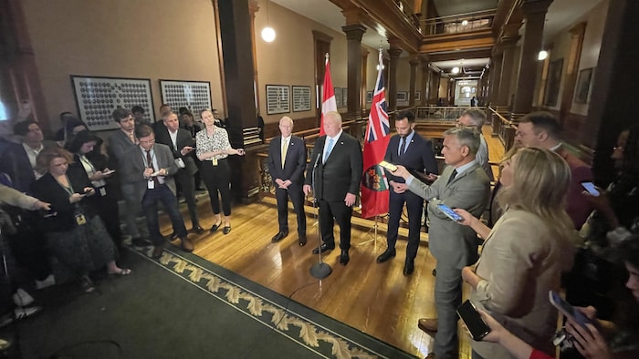 Le premier ministre Doug Ford devant un micro et entouré de gens.
