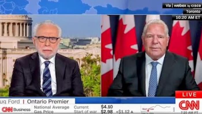 Une capture d’écran présentant un extrait de l’émission The Situation Room with Wolf Blitzer sur CNN avec Doug Ford.