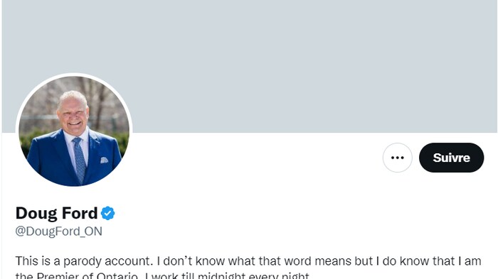 Le compte parodique de Doug Ford sur Twitter, avant qu'il soit suspendu par le réseau social.