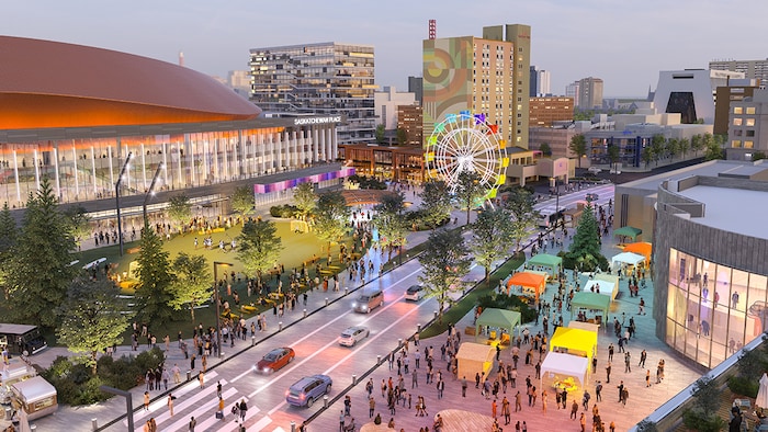 Une image présentant le projet du Downtown Event and Entertainment District avec le nouvel aréna visant à revitaliser le centre-ville de Saskatoon, en Saskatchewan.