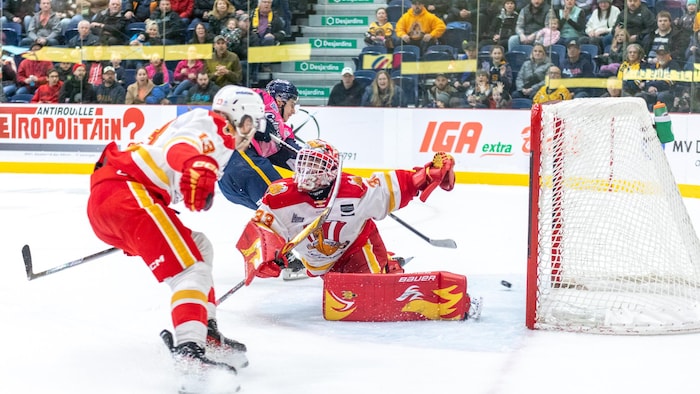 Des joueurs de hockey en action près d'un filet.