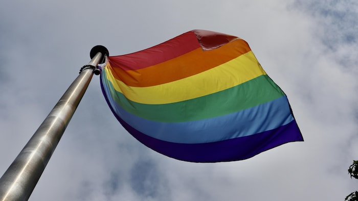 Le drapeau arc-en-ciel flotte au vent.
