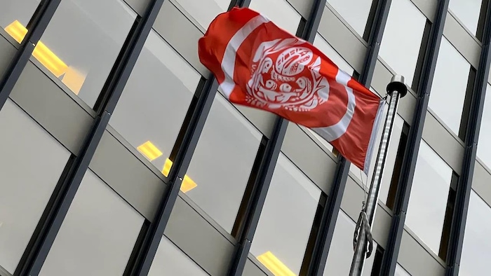 Un drapeau des survivants flotte au vent.