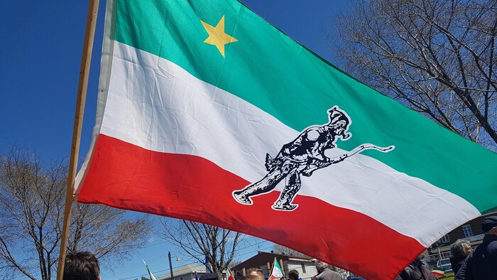 Une dizaine de personnes sont réunies dans un parc. À l'avant-plan, un homme tient un grand drapeau aux couleurs des Patriotes.