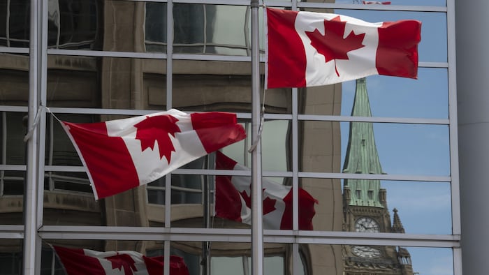 Des drapeaux canadiens flottent devant des édifices gouvernementaux à Ottawa.