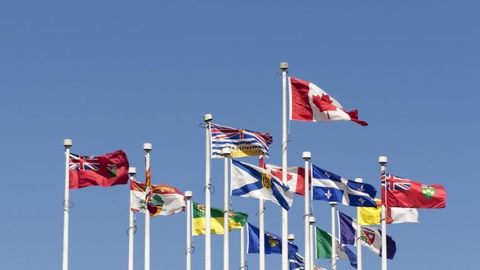 Les drapeaux des provinces canadiennes flottent sur des mâts.