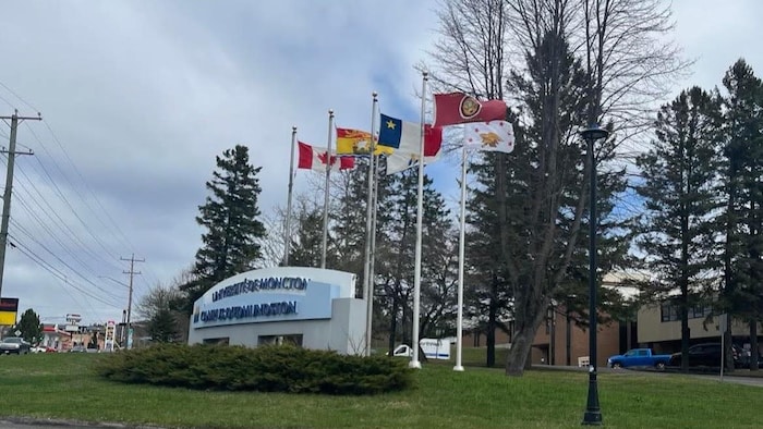 Les drapeaux devant le campus de l'université de Moncton campus Edmundston.