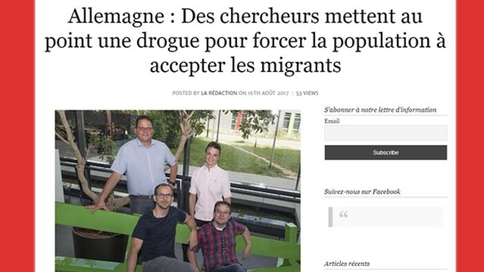 Capture d'écran d'un article du site Breizatao, qui affirme que «des chercheurs mettent au point une drogue pour forcer la population à accepter les migrants».