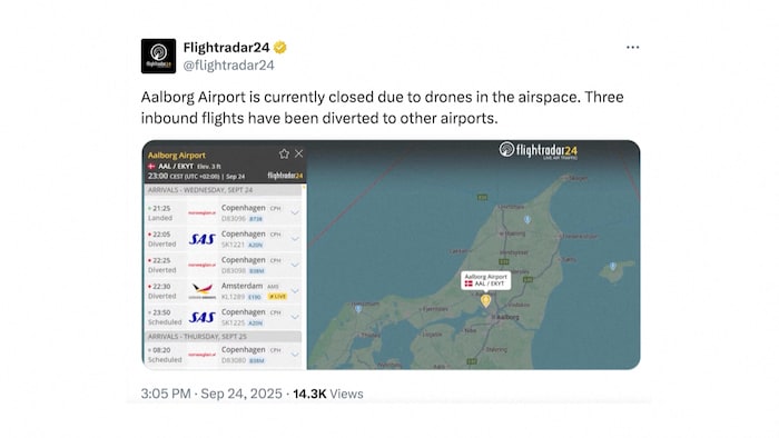 Une capture d'écran d'une publication sur X par FlightRadar24 montre les vols déroutés après la fermeture de l'aéroport d'Aalborg au Danemark en raison de la présence de drones dans son espace aérien.