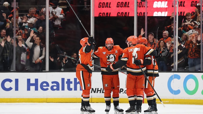Les joueurs des Ducks célèbrent un but. 
