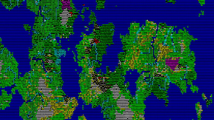 Une capture d'écran du jeu Dwarf Fortress montrant une carte du monde avec des continents et des océans représentés par des caractères typographiques de différentes couleurs.