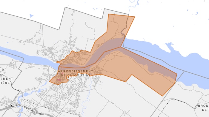 Une carte de Chicoutimi avec une zone colorée.