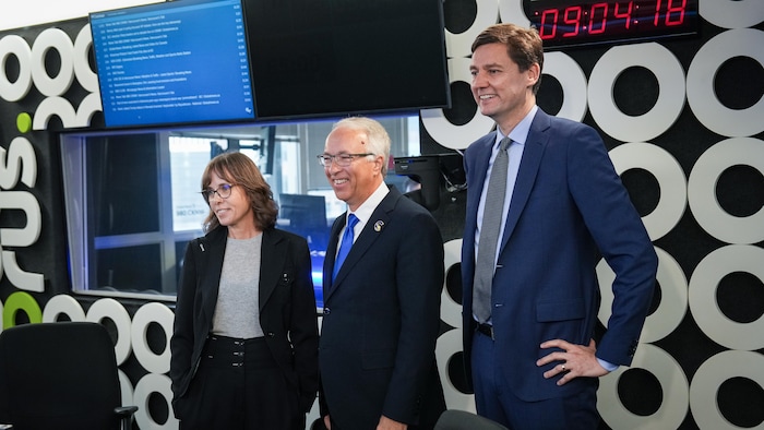 Sonia Furstenau, John Rustad and David Eby in the studios of radio station CKNW.