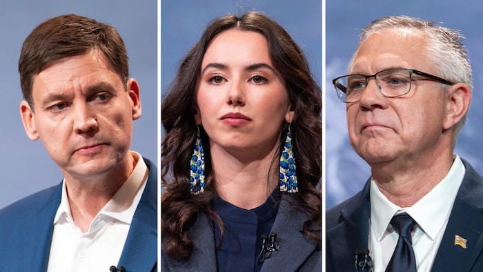 Les portraits du chef du NPD, David Eby, de la cheffe des verts, Emily Lowan, et du chef des conservateurs, Lorne Doerkson.