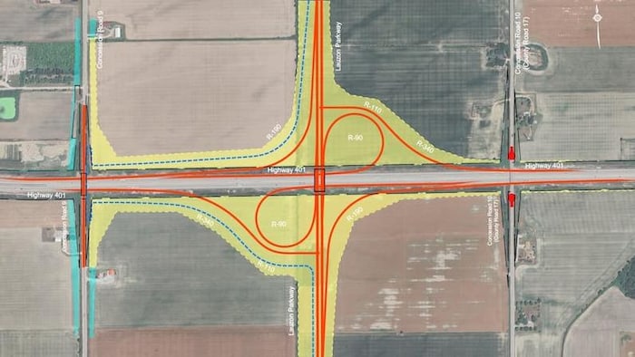 Carte de l’échangeur en demi-trèfle proposé pour relier la promenade Lauzon à l’autoroute 401 à Windsor.
