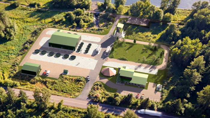 Image graphique du site de l'écloserie, avec un bâtiment principal et plusieurs bassins. 
