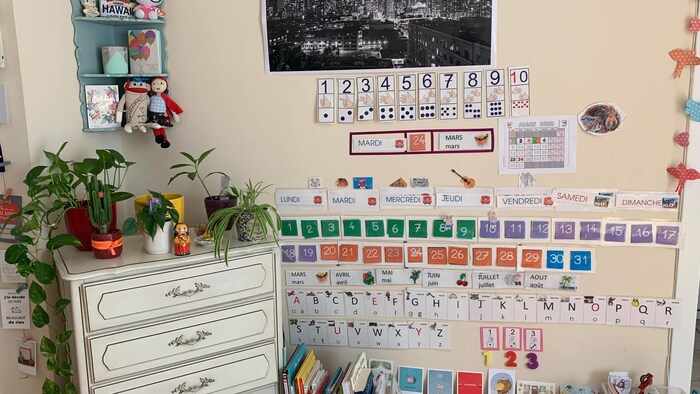 Un petit espace est aménagé comme le devant d'une classe avec des chiffres, des lettres et les jours de la semaine. 