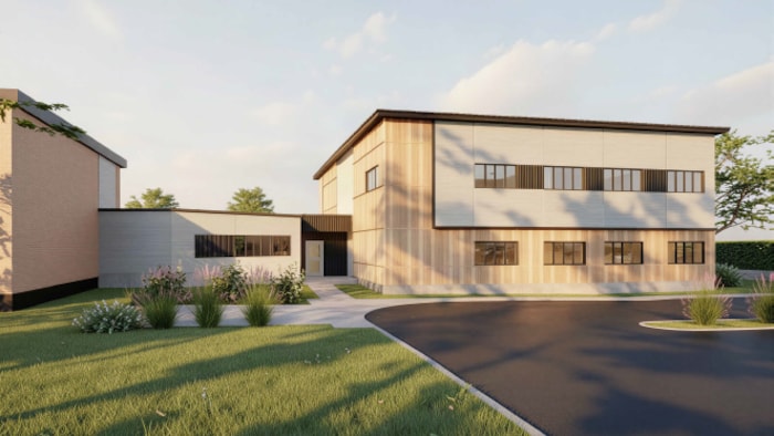 La modélisation de l'agrandissement présente un bâtiment à deux étages.