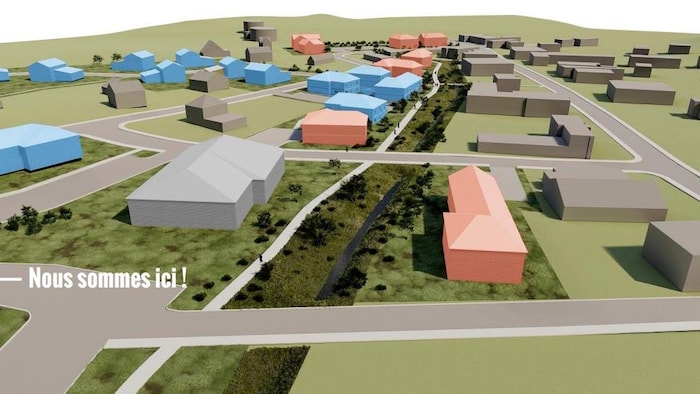 Une maquette 3D montre des maisons et un ruisseau.