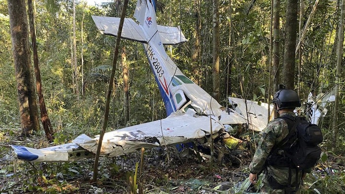 Un soldat se tient devant l'épave d'un Cessna C206 qui s'est écrasé dans la jungle. 