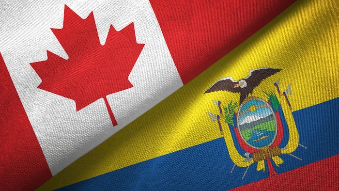 Ecuador and Canada flags together textile cloth, fabric texture