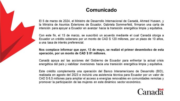 Publication sur le réseau social X annonçant le premier déboursement d'une série des prêts que le Canada fera à l'Équateur. Ceux-ci ont été négociés lors de la visite du président équatorien au Canada en mars 2024. 
