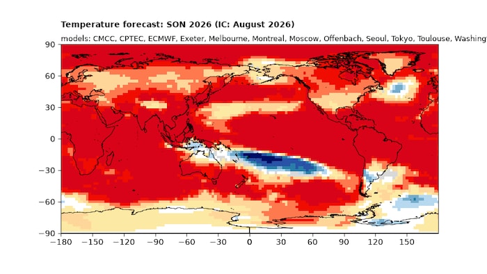 Prévisions probabilistes de la température de l’air en surface et des précipitations pour la période de septembre à novembre 2026.