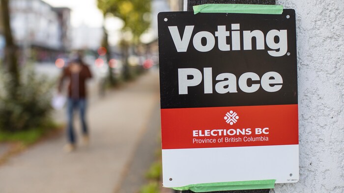 Une affiche indiquant un bureau de scrutin pour le vote par anticipation.