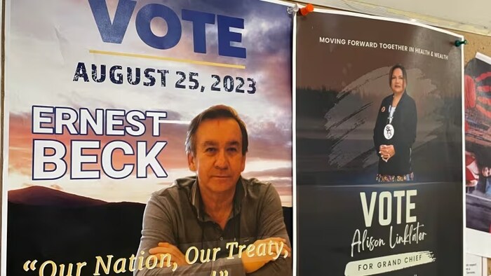 Un babillard avec des affiches électorales de deux candidats. 