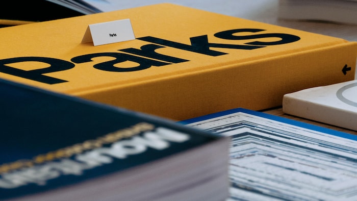 Gros plan sur plusieurs livres d'art aux couvertures épaisses et colorées. La mise au point est faite au centre sur un imposant ouvrage à la couverture jaune texturée, affichant le mot « Parks » en grande typographie noire. Au premier plan et en arrière-plan, d'autres livres aux tranches colorées (bleu, rouge) apparaissent flous, mettant en valeur la matérialité et la qualité d'impression de ces objets de collection.